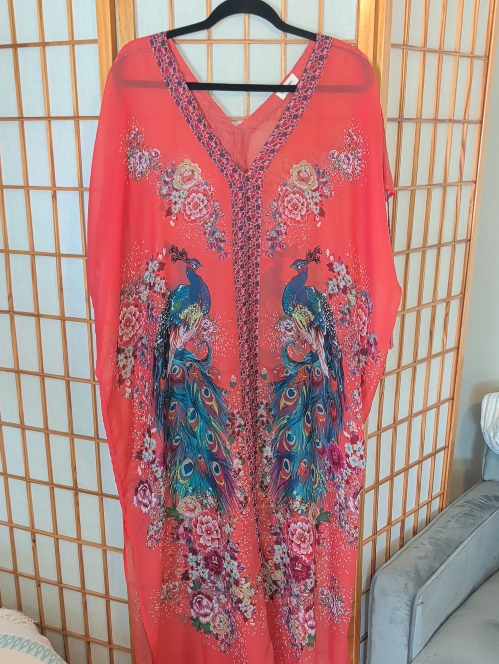 Coral Kaftan Dress with Peacock Print